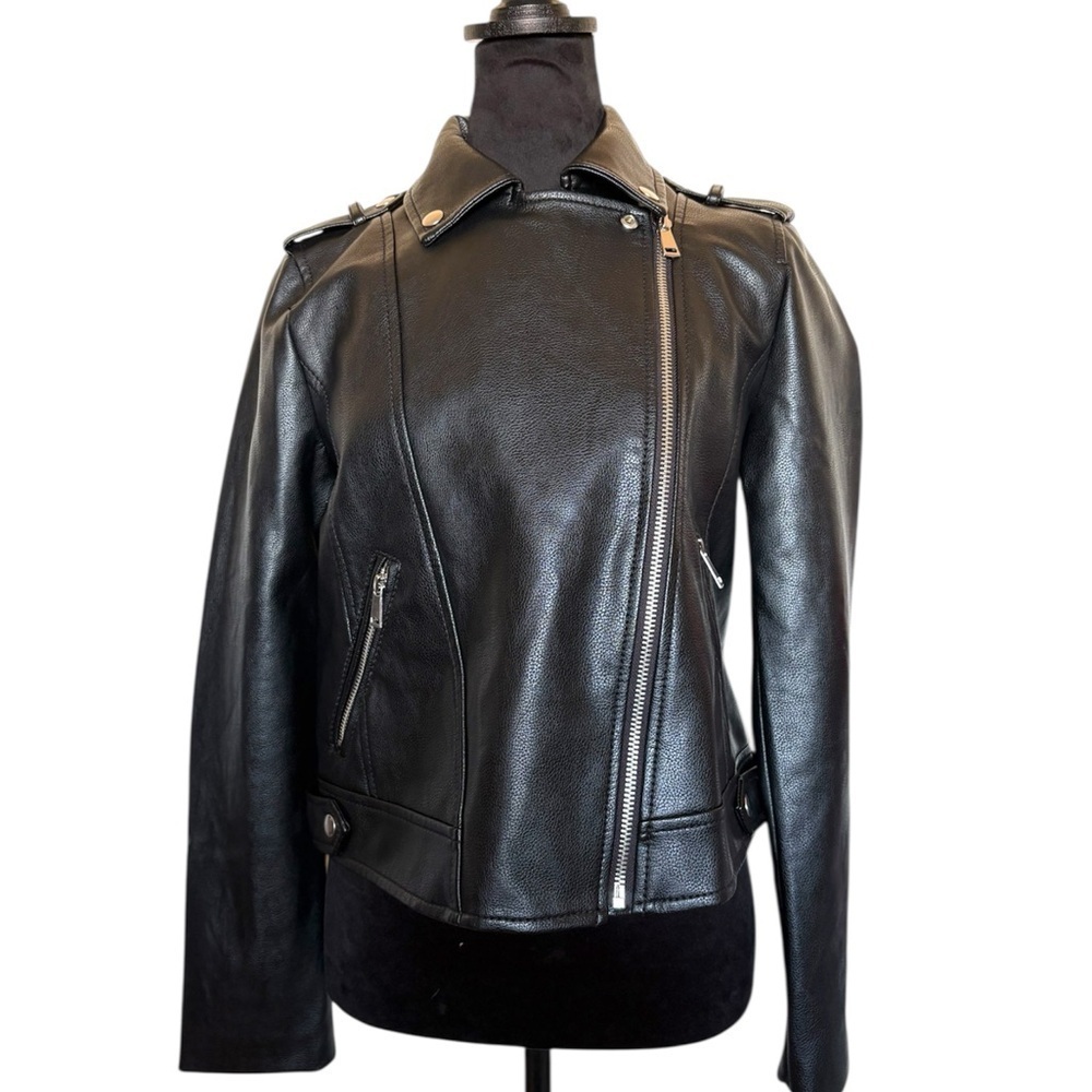 NWT LOFT Woman’s XS Black Leather Moto Asymmetrical Neckline Zip-Up Jacket - Picture 4 of 10